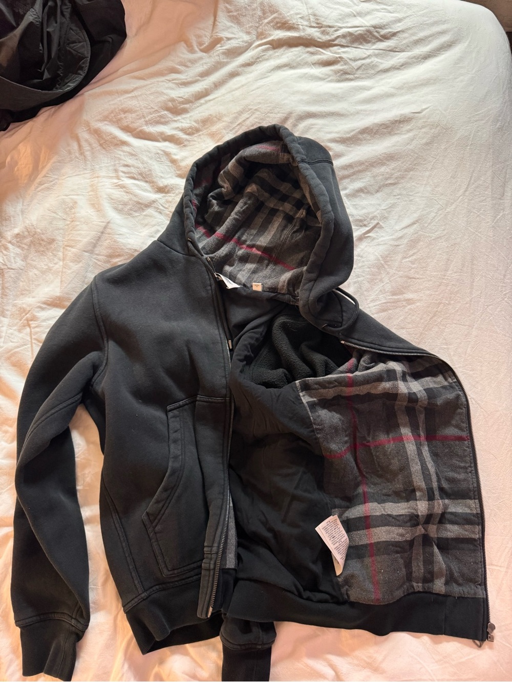 Men’s Burberry gray and black plaid scarf with red stripe